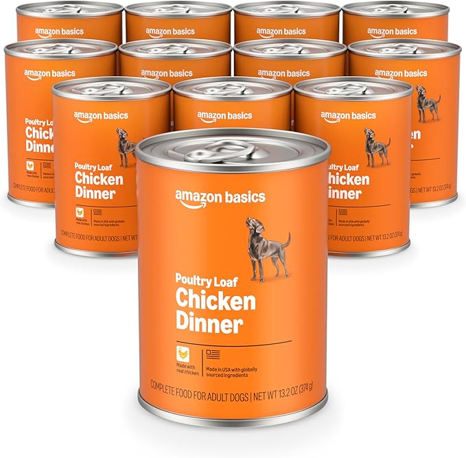 Amazon Basics Wet Dog Food, Poultry Loaf, Chicken Dinner, Made with Real Chicken, 13.2 oz can (Pack of 12)
