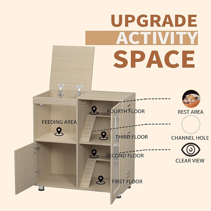 Hamster Cage Furniture with Storage Cabinet, House for Rat Chinchilla, 4-Tier Wood Habitat with Small Animal Cage for Rat, Hedgehog,Chinchilla with Openable Top (Teak)