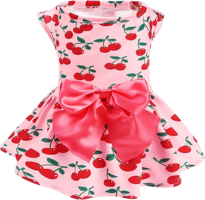 PUPTECK Print Dog Dress Pet Apparel with Cute Bowtie Puppy Clothes Outfit, Cherry, M