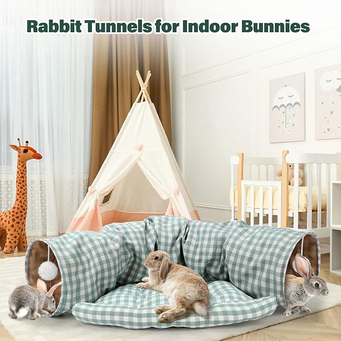 BWOGUE Bunny Tunnel Bed, 2-in-1 Collapsible Tunnel Tubes Toys with Removable Mat Hideout for Cats Kittens Rabbits Guinea Pigs Kitty (GreenPlaid)