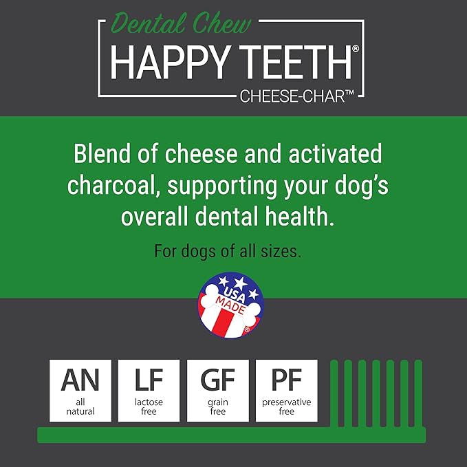 Happy Teeth Cheese & Charcoal Dental Dog Chews | Cheese Flavor with Activated Charcoal | Dental Chew | Protein Rich | Gluten Free - Lactose Free - Wheat Free - Soy Free| 2 Chews per Resealable Pouch