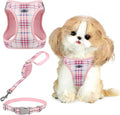 Gyuzh Dog Harness and Leash Set for Puppies - 3 Piece Step in No Pull Vest & Collar, Extra Small Kitten Harness, Breathable Reflective Plaid, Padded Leash (Pink, S)