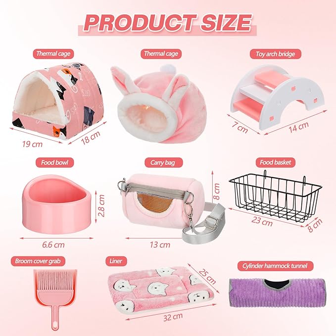 Teenyyou 24 Pcs Small Guinea Pig Starter Kit Essentials for Hamster Cage Accessories Toys House Bed Cage Cleaner Food Bowl Water Holder Carrier Bag Teething Toys Liner Tunnel for Beginner(Pink)