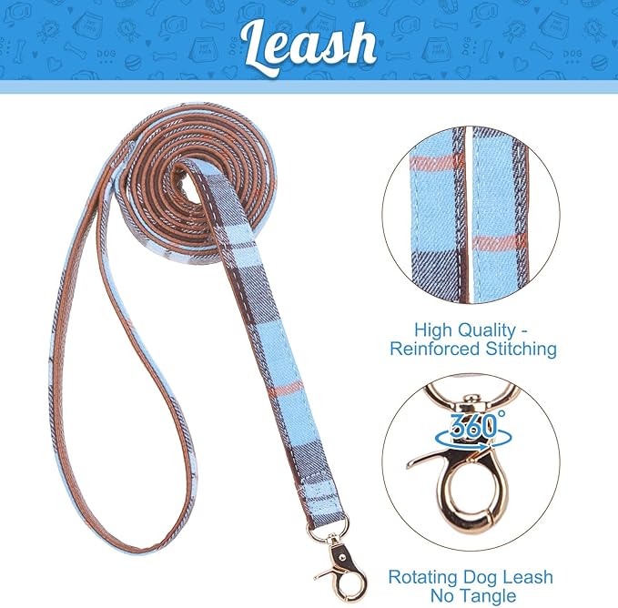 EXPAWLORER Dog Leash and Collar Set - Classic Plaid Medium Dog Collar with Bow Tie, 360 Swivel No Tangle Dog Leash, Adjustable Dog Collar for Small Medium Dogs Cats, Sky Blue M