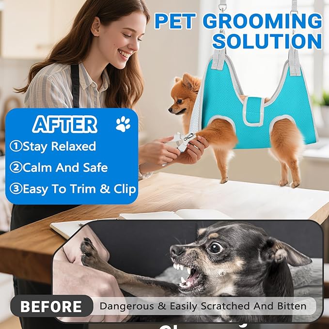 Supet Dog Grooming Hammock for Small Dogs, Dog Hanging Harness for Nail Trimming Doorframe, Pet Holder Restraint for Clipping Nails, Pet Hoist Sling for Cutting Nails at Home (Blue XXS)