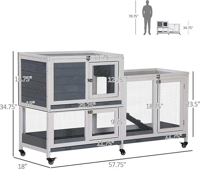 PawHut Wooden Rabbit Hutch Bunny Hutch Elevated Pet House Cage Small Animal Habitat with No Leak Tray Lockable Door Openable Top for Indoor 57.75" x 18" x 32.5" Grey