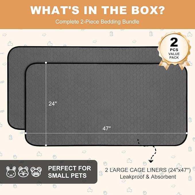 2 Pack Guinea Pig Cage Liners, Washable Guinea Pig Pee Pads Waterproof Reusable & Anti Slip Guinea Pig Bedding Fast and Super Absorbent Pee Pad Tarp Bottom for Small Animals (Dark Grey 24" X 47")