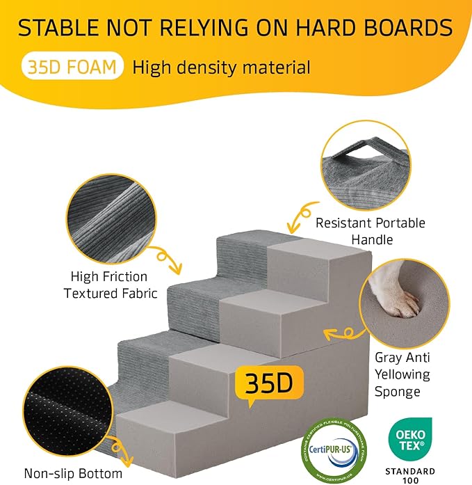 ABCPET Dog Steps for High Bed Dog Stairs Ramps and Extra Wide Steps for Bed Foam Stairs for Couch Sofa 35D Strong Support Pet Stairs Non-Slip Bottom Pet Steps for Small Dogs and Cats, Grey, 4 Steps