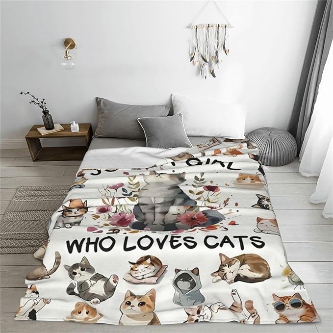 SweetFox Just A Girl Who Loves Cats Blanket, Cute Cat Decor Throw Blanket Gifts for Girls Boys Lovers Super Warm Soft Plush Fleece Flannel Winter Bedding Blankets for Kids Adults Men Women 80"X60"