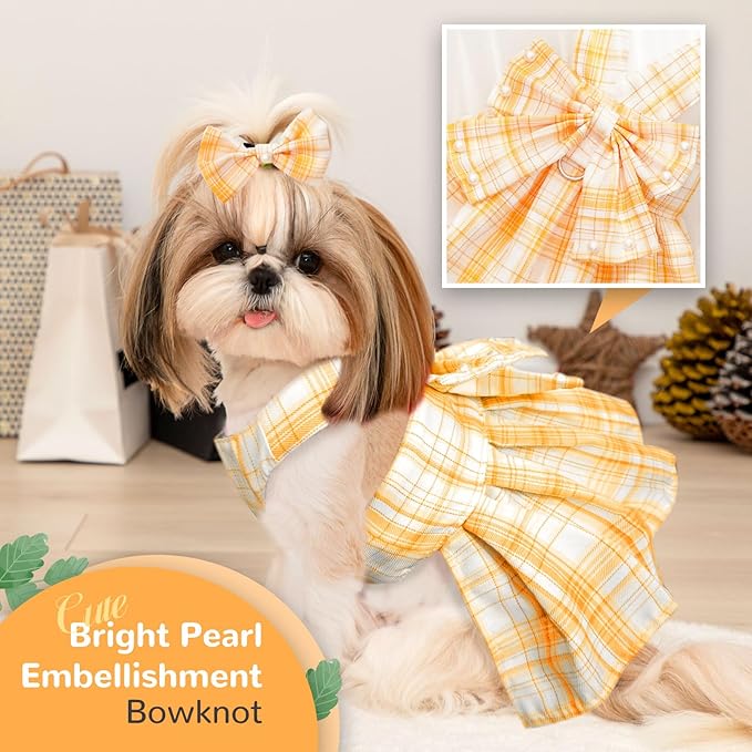 PETCARE Cute Dog Dress Clothes for Small Dogs Cats Girl Female Yellow Plaid Bow Tie Dog Harness Dresses Leash Set with Pearls Bow Accessories Birthday Puppy Dress Shih Tzu Yorkies Chihuahua Outfits