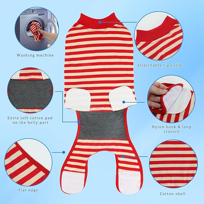 2 Packs Breathable Cotton Dog Recovery Suit for After Neuter Spay Abdominal Wounds Protector, Professional Anti-Licking Onesies for Male Female Pets Surgery Bandages, 2XL Red & Blue Stripes