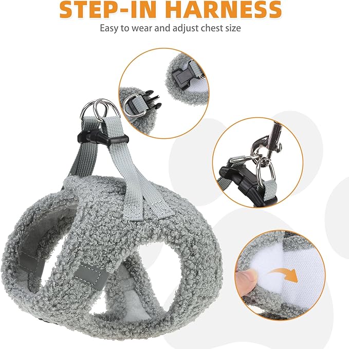 KOOLTAIL Plush Small Dog Harness and Leash Set, Warm Fleece No Pull Puppy Vest for Winter, Lightweight Reflective Step in Pet Harness for Medium Sized Dogs Boy Girl Outdoor Walking Cute Soft, Gray S