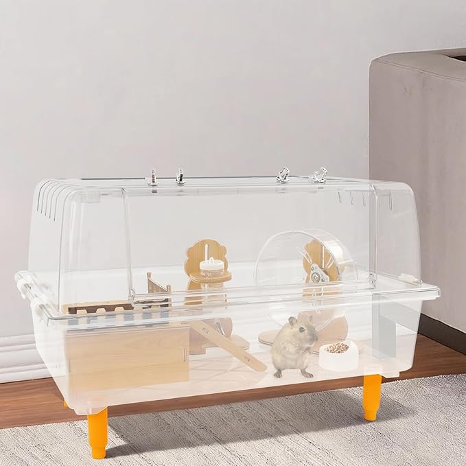 Hamster Cage Clear Luxurious Mice and Rat Habitat with Exercise Wheel, Dual Door Design, 3.54" H Leg Stand, Small Animal Cage for Hamsters, Guinea Pigs, Hedgehogs 23.6" Lx14.5 Wx12.6 H