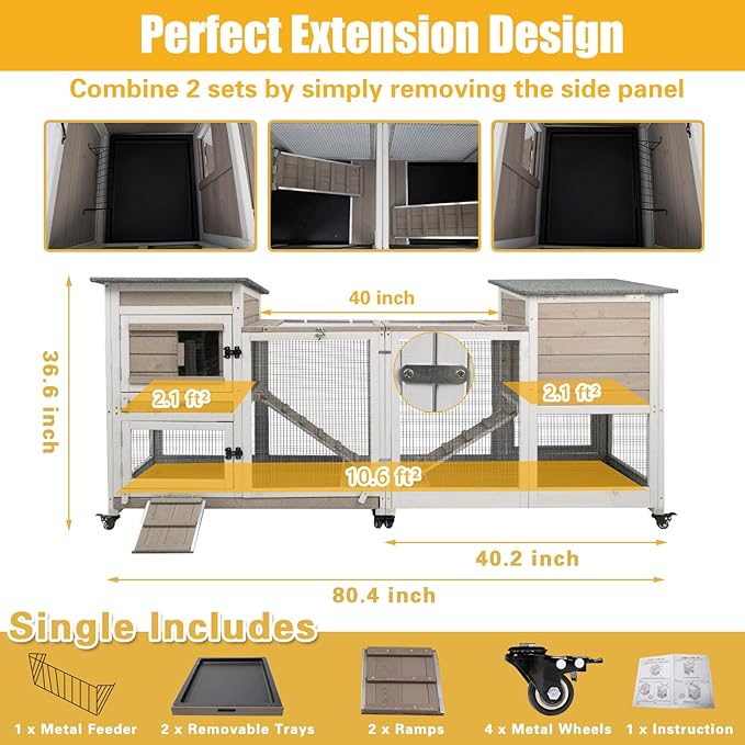 Gowoodhut 40" L Rabbit Hutch Indoor Wooden Bunny Hutch Outdoor 2 Story Rabbit Cage on Metal Wheels with Run and 2 Deeper Pull Out Trays Guinea Pig Pet House for Small Animals