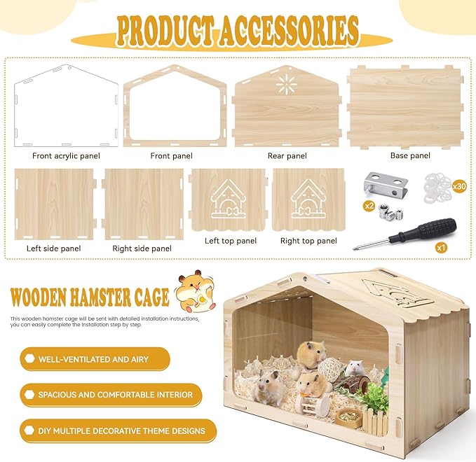 Wood Hamster Cage, 15.7×11.8×11.8in House-Shaped Hamster Enclosure with Transparent Design, Small Pet House for Dwarf Hamsters, Gerbils and Baby Fancy Rats, Gerbil Accessories (15.7×11.8×11.8 in)
