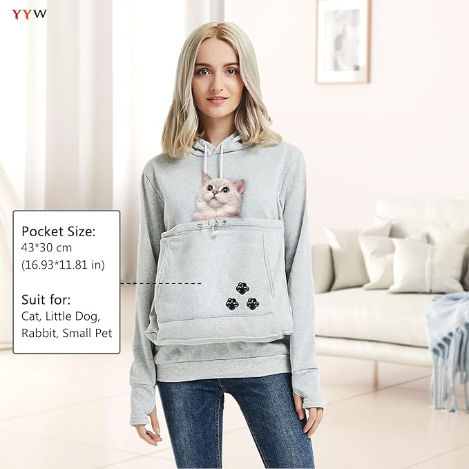 YYW Womens Pet Hoodies Pullover Sweatshirt Oversized Cat Hoodies Pet Holder Cat Dog Pouch Carriers (Gray,XXX-Large)