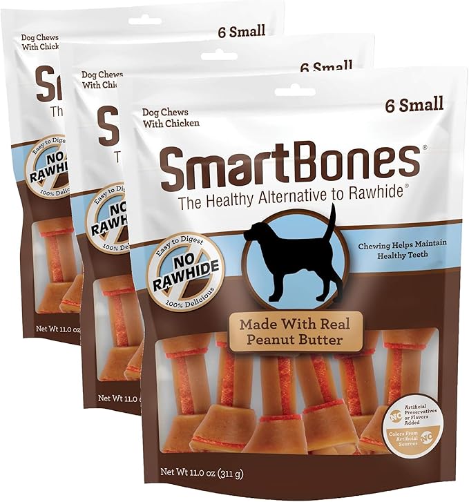 SmartBones Small Bones Chicken & Peanut Butter No-Rawhide Dog Chews,11 oz.,Count of 6,(Pack of 3)