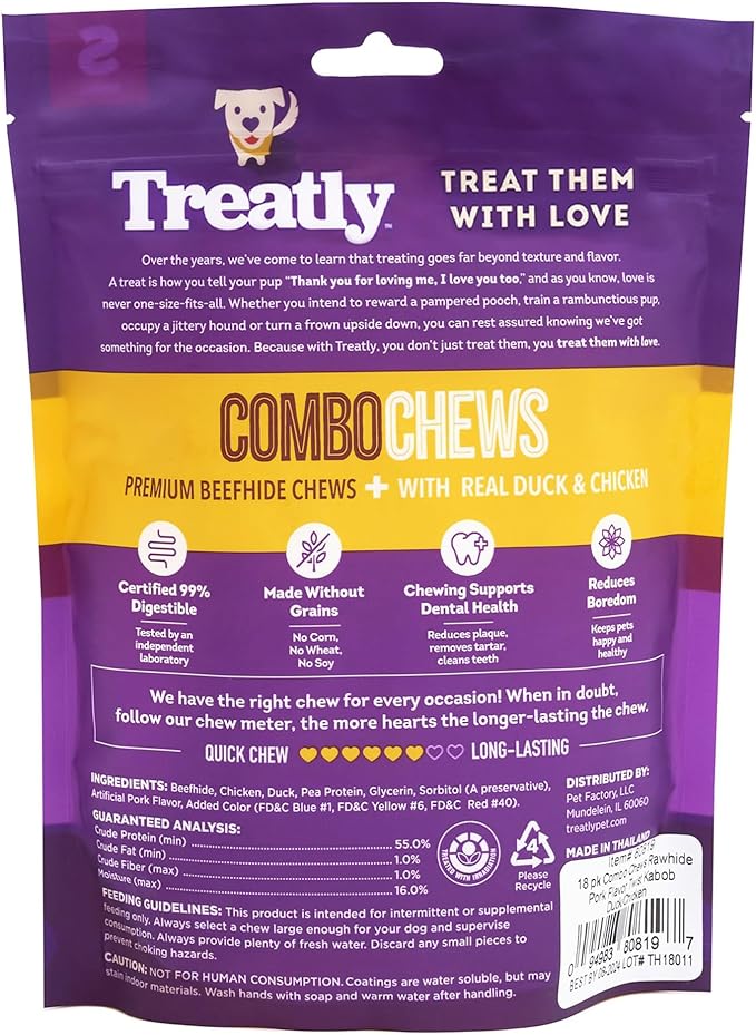 Combo Chews Rawhide/Pork Flavor Rawhide Kabob 5" w/Duck/Chicken Meat Wrap Dog Chew Treats - 18 Count/2 Pack