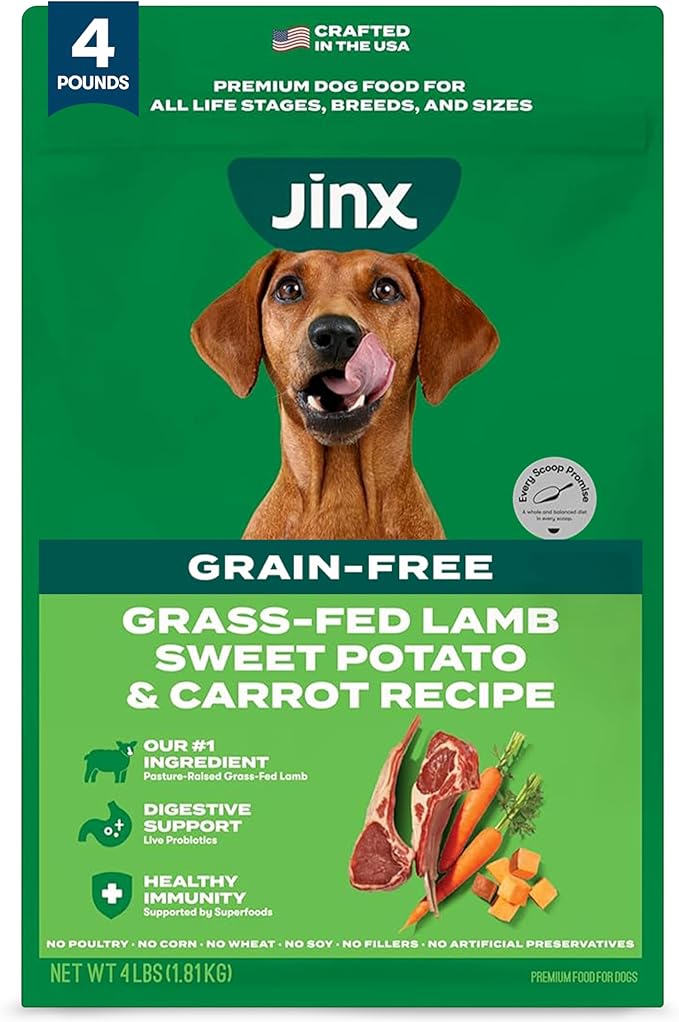 Jinx Premium Grain-Free Dry Dog Food, for All Lifestages - Grass-Fed Lamb, Sweet Potato & Carrot Dog Food with Superfoods for Immune Support & Probiotics for Digestive Support - No Fillers - 4lb