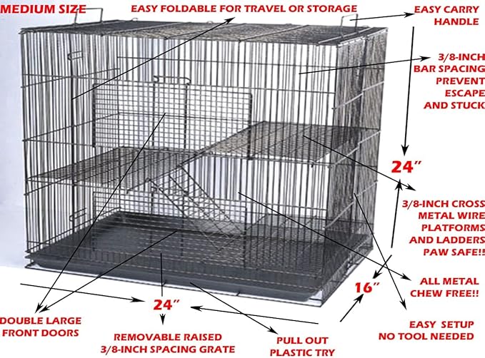 3-Level Foldable Ferret Chinchilla Sugar Glider Rats Animal Chewproof Metal Carrier Travel Cage Tight 3/8 Inch Wire Spacing Prevent Escape with Cross Shelves and Ladders Easy Clean Pull Out Tray