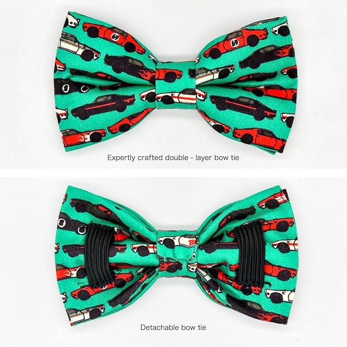 Cat Collar Bow Set, Green Muscle Classic Racing Car, Wedding/Birthday Breakaway Collar Bowtie for Kitten/Cat