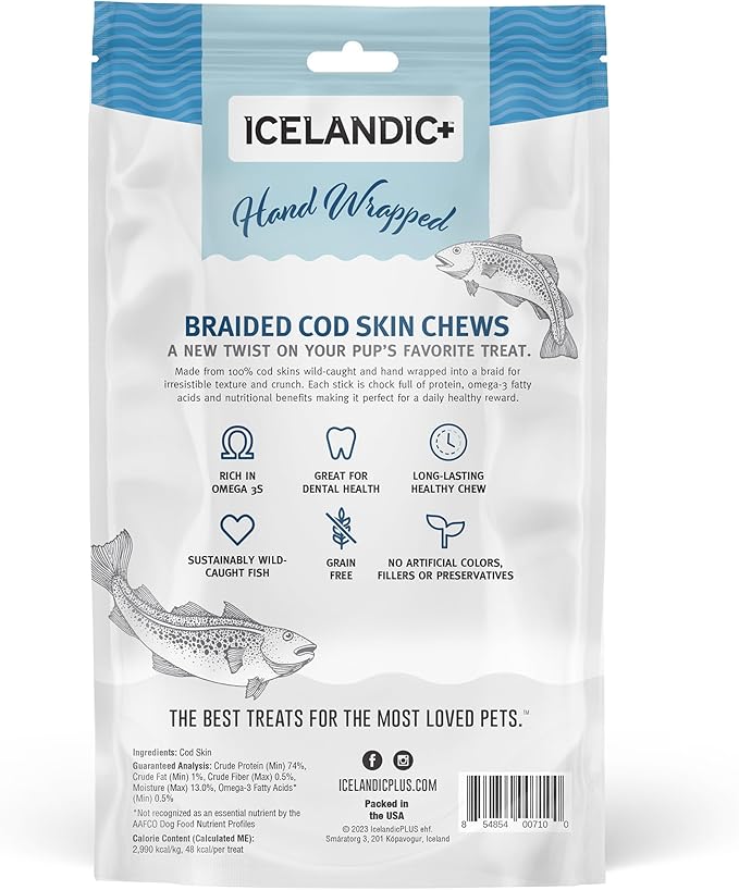 Icelandic+ Cod Skin Braids - 5 Pack - Dog Treat Chews, 5.5-7" Sticks, Single Ingredient, Air-Dried, Hand-Wrapped Wild-Caught Fish, Omega-3 Pet Snack