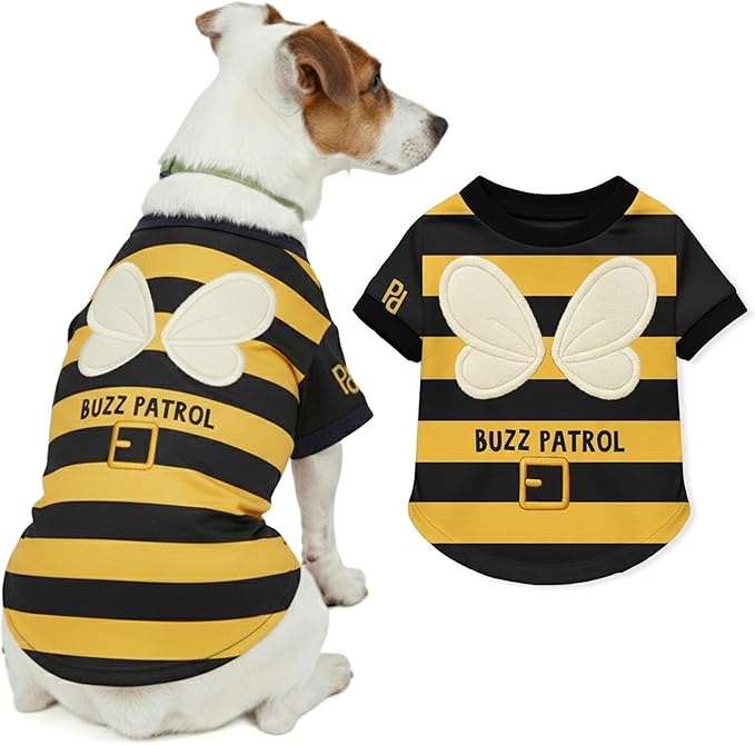 Parisian Pet Dog Buzz Patrol Bee Shirt - Embroidered Pet Vest - 100% Cotton & Polyester Doggy Shirt - Lightweight Pet Clothes - Sleeved Puppy Costume - Funny Shirts for Small Dogs - L