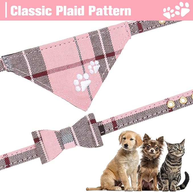 EXPAWLORER Dog Collar and Leash Set - Embroidery Pawprints Plaid Dog Collar and Dog Leash Set, Bow Tie and Bandana Dog Collar with Bell, Collar and Leash for Dogs Cats Outdoor Walking, Pink S-M