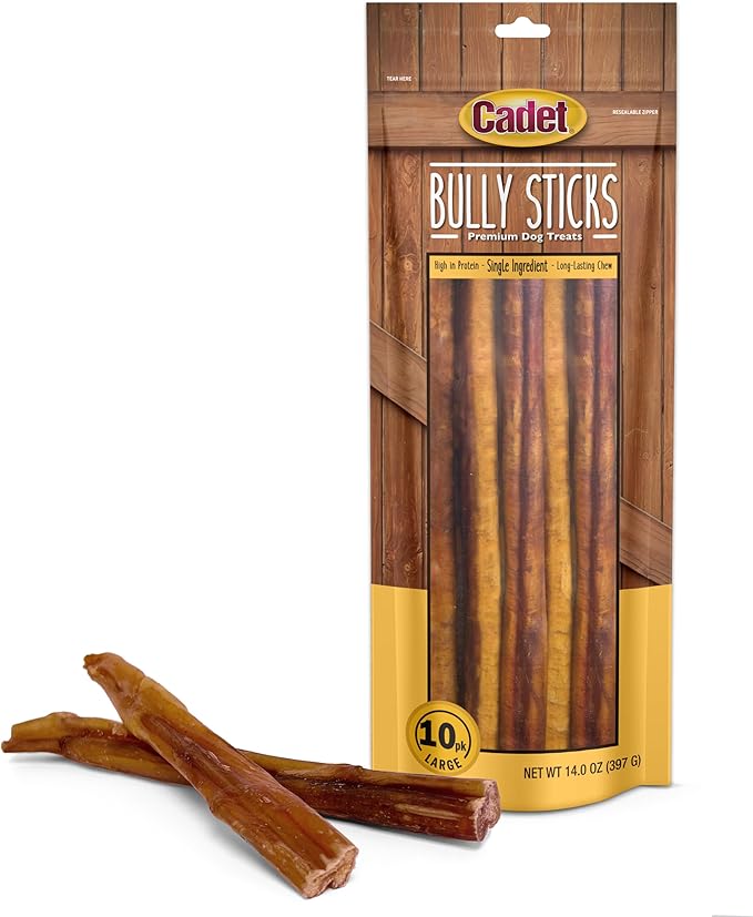Cadet Bully Sticks for Large Dogs, All-Natural Beef Pizzle, Rawhide-Free Long-Lasting Dog Chews for Aggressive Chewers, 10 Count
