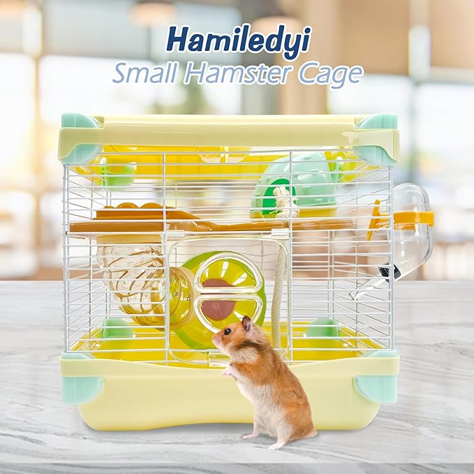 Hamiledyi Portable Hamster Cage 2 Layers Dwarf Hamster Habitat 10.90”L*8.07”W*9.84”H Small Animal Travel Cage with Exercise Wheel Hamster Enclosure Mouse Cage for Hamsters Mice Gerbils Tiny Pets