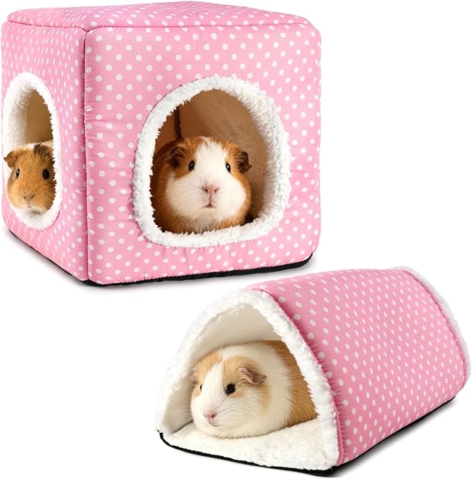 Guinea Pig Hideout, Dwarf Rabbit Bed with Play Tunnel, Washable Fleece House for Dwarf Bunnies, Chinchillas, Hedgehogs, Small Animal Cage Accessories Pink Dot