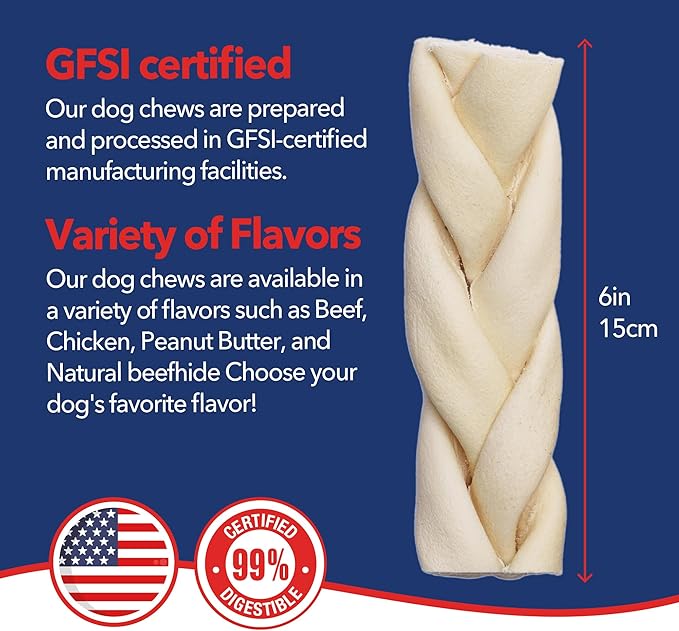 Pet Factory Beefhide Braided Sticks Dog Chews Long Lasting - 100% Made in USA Natural Rawhide from American Cattle Promotes Dental Health, Thick & Durable Chews for Dogs