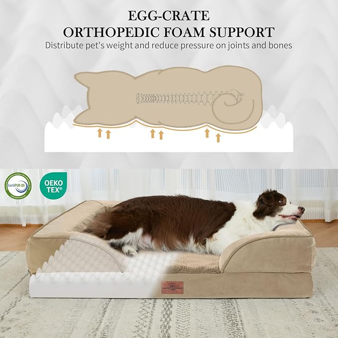 Comfort Expression Orthopedic Dog Bed for Large Dogs 36x27 Inch, Waterproof Egg Crate Foam Large Pet Bed with Removable Bolsters, Dog Couch with Washable Cover & Non-Slip Bottom, Light Brown
