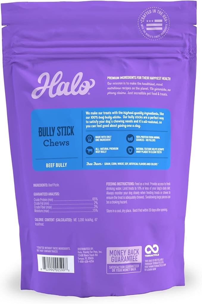 Halo Bully Stick Dog Treats, 100% Beef Bully Chews, For Cleaning Teeth & Dental Health, All-Natural High Protien Treat, 2 Oz Pouch