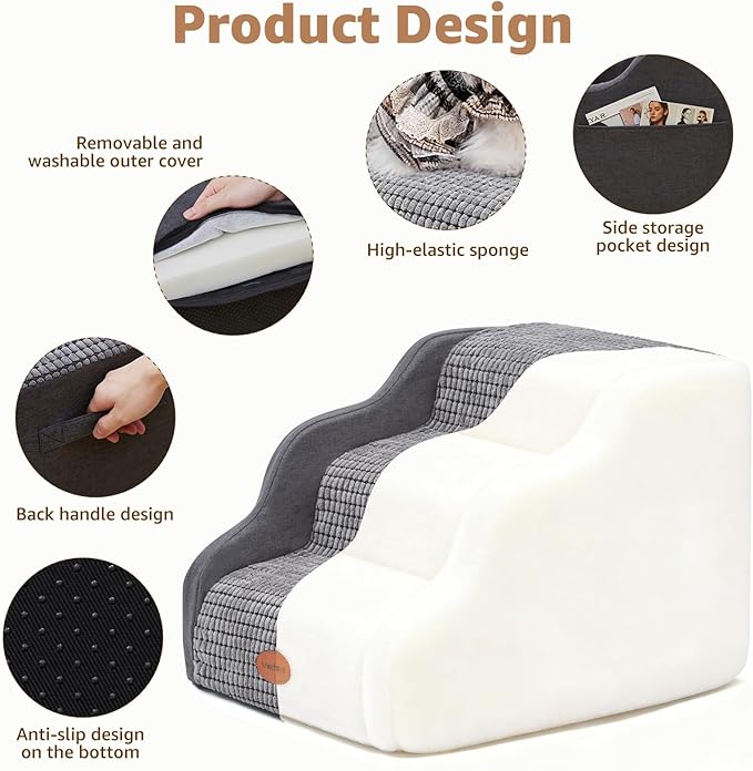 Woochpet 15.7”H Ramp Dog Stairs for Small Dogs, Side Armrest 3 Tier Wider Curved Pet Stairs for Couch and Beds，High-Density Foam Indoor Dog Steps with Non-Slip Bottom and Washable Cover for Old Cats