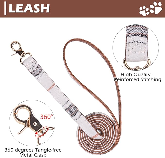 EXPAWLORER Dog Collar and Leash Set - Embroidery Pawprints Plaid Dog Leash and Collars, Cute Bandana and Detachable Collar, Suitable for Small Medium Dogs Girl Boy, Cream S-M