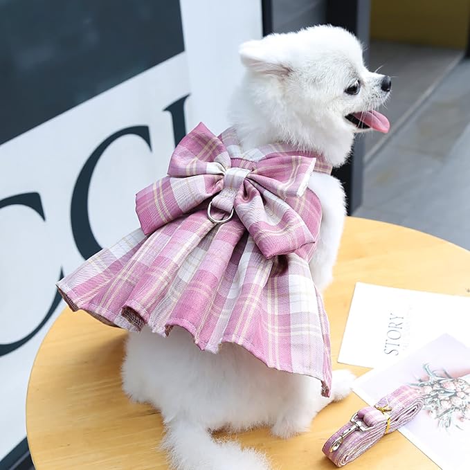 PETCARE Plaid Dog Dress Bow Tie Harness Leash Set for Small Dogs Cats Girl Cute Princess Dog Dresses Spring Summer Puppy Bunny Rabbit Clothes Chihuahua Yorkies Pet Outfits