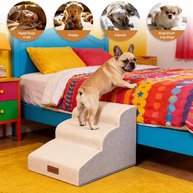 Dog Stairs for Small Dogs and Cats, 15.7" H, 3-Step Curved Pet Ramp for Couch Sofa and Chair, Non-Slip Medium Pet Steps with High Density Foam, Beige