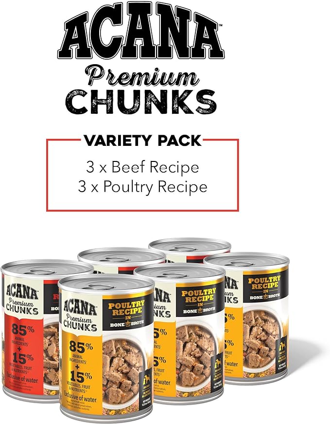 ACANA Premium Chunks in Bone Broth Grain-Free Wet Dog Food Variety Pack: Beef + Poultry Recipes 12.8oz Cans (6 Count, 3 of Each)