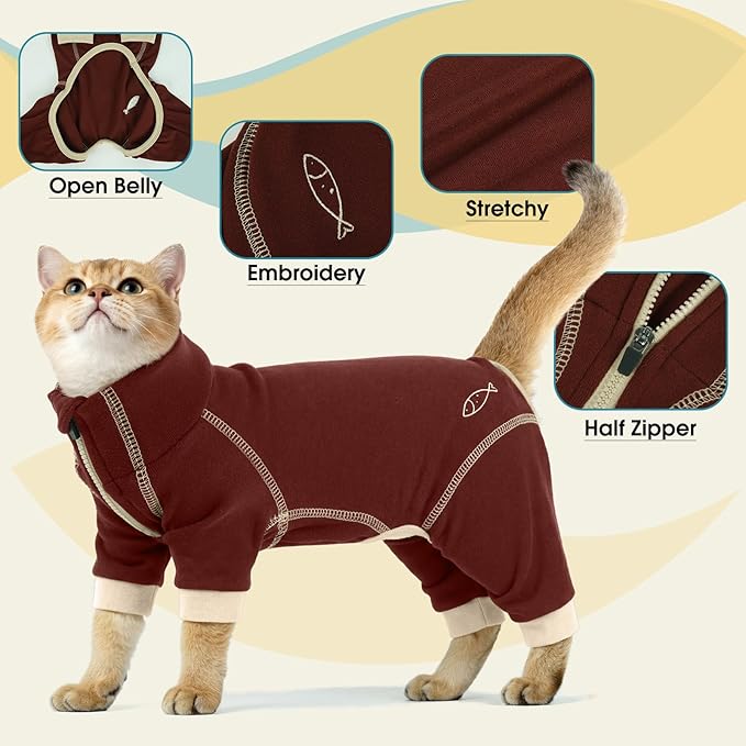 ROZKITCH Cat Cover to Stop Overgrooming, Cat Body Suit Long Leg Cover Back Legs Anti Scratch Clothing Onesie Pants Hairless Cat Pajamas Brown XL