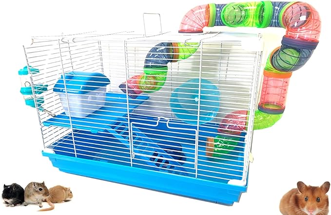 Large Multi-Floors Hamster Mansion Mouse Habitat Gerbil Home Rat House Small Animal Critter Cage (2-Floors, Blue)