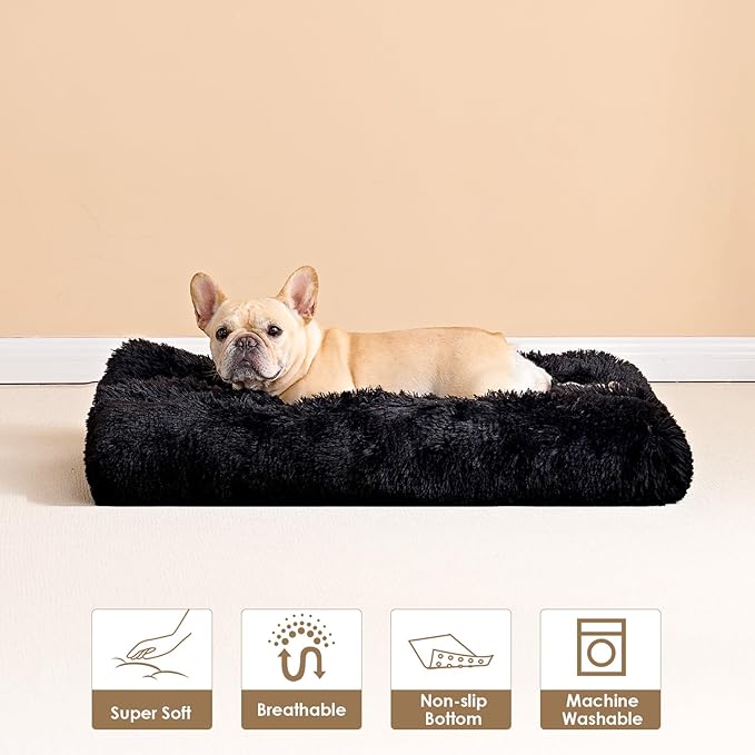 EHEYCIGA Fluffy Dog Crate Bed for Small Dogs, Plush Faux Fur Crate Pad, Calming Anti Anxiety Small Dog Bed, Washable Soft Warm Mat with Non-Slip Bottom, Black