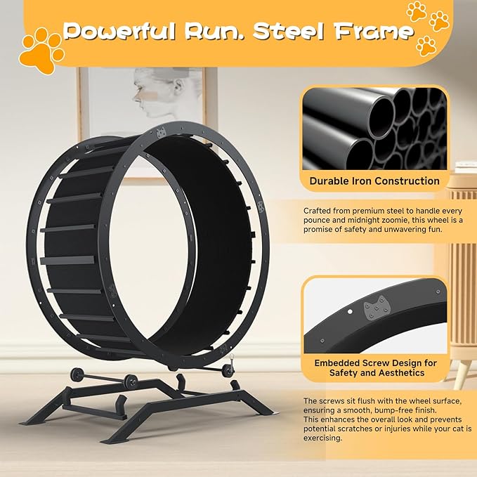 GTRACING Cat Wheels, 40" Diameter, Large Cat Exercise Wheel for Indoor Cats cat Treadmill Metal with Detachable Black Carpet & Teaser/Stickers, Ultra-Quiet Scroll Wheel with Latch, Safe and Stable