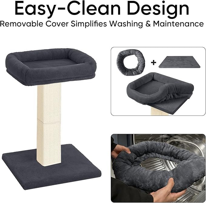 AGYM Cat Scratching Post, 32”Cat Scratcher with Large Plush Perch, Sisal & Carpet Scratching Post, Vertical Posts with Elevated Bed for Indoor Cats, Removable& Washable Cover, Darkgrey
