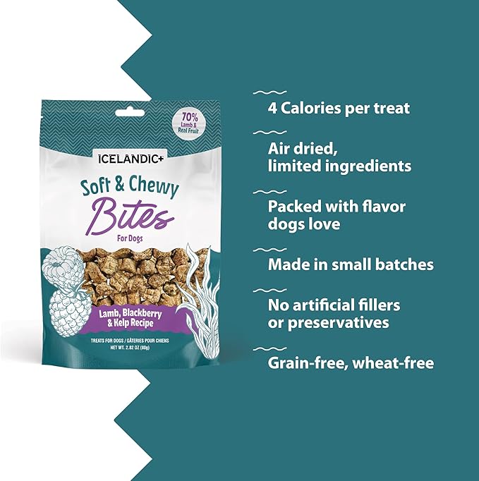 Icelandic+ Soft & Chewy Bites - Lamb, Berry & Kelp - 2.8oz Dog Treats, 70% Meat & Fruit, Air-Dried, Limited Ingredients, Pet Snack, Grain Free