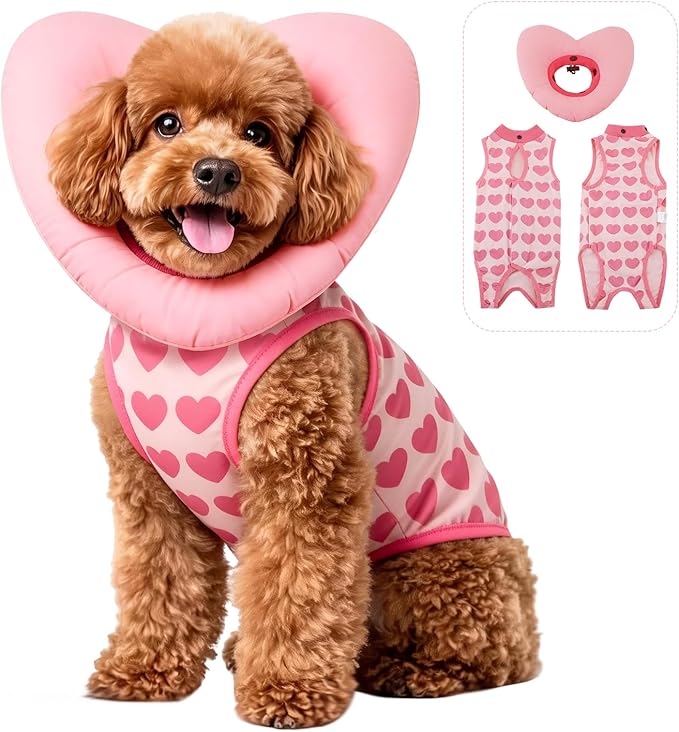 EMUST Recovery Suit for Small Dogs After Surgery, Soft E-Collar Alternative Surgical Wear, Breathable Anti-Licking Post-Op Clothes for Spay, Birth Control & Comfortable Recovery(Heart,L)