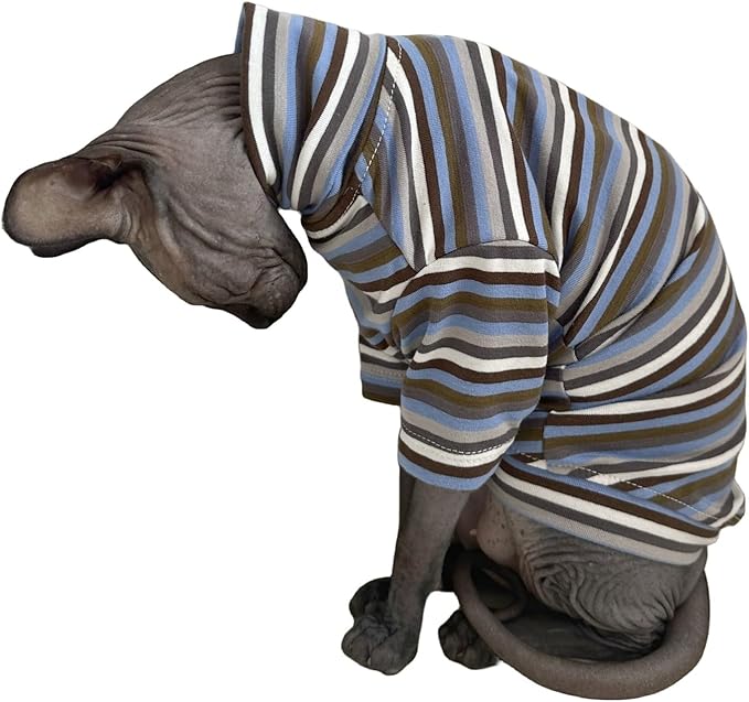 Vintage Stripes Sphynx Hairless Cats Shirt Cotton Cat Turtleneck Pet Clothes Kitten T-Shirts with Sleeves for Sphynx Cats (Storm, XX-Large)