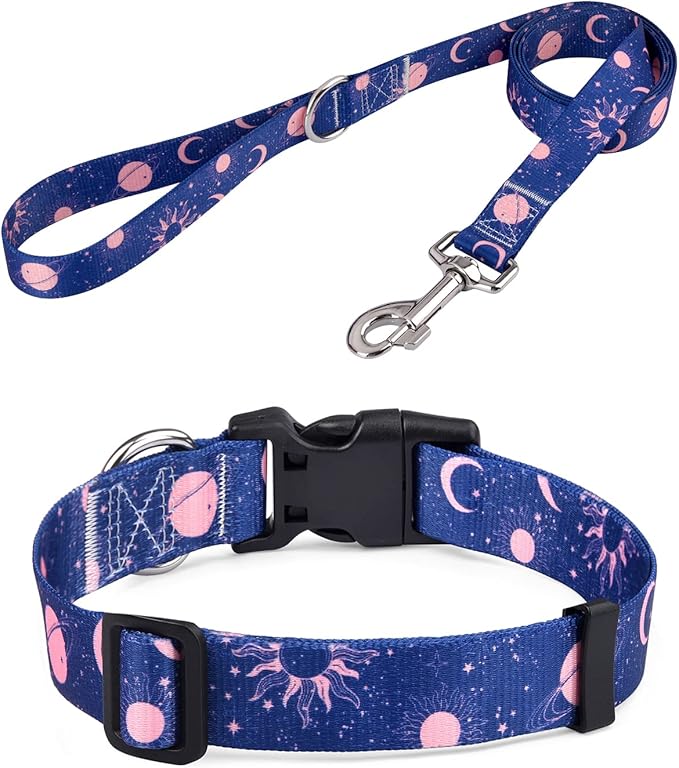 Dog Collar and Leash Set for Small Dogs Cats, Soft Comfy Pet Collar for Small Medium Large Dogs, Universe Pattern for Boy Girl Puppy Dogs Cats(Universe Set,XS)