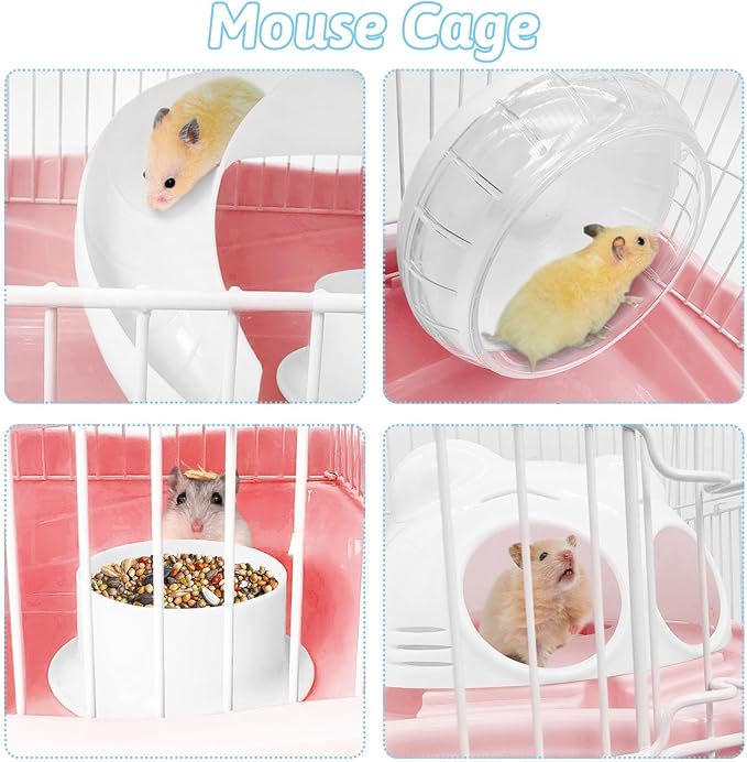 PINVNBY Dwarf Hamster Cage, Small Animal Cages, 2-Tier Travel Portable Mouse Cage Hamster Carrier with Castle House Running Exercise Wheels, Water Bottle and Food Dish（Pink）