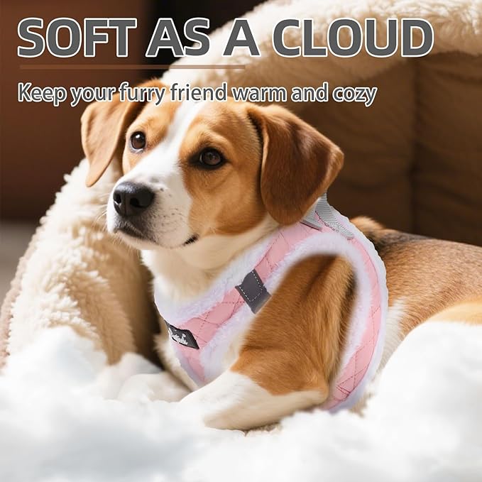 PUPTECK Plush Dog Harness and Leash Set for Small Medium Dogs No Pull Step-in Soft Mesh Puppy Cat Winter Vest Harnesses Reflective at Night Warm, Plush Pink, S